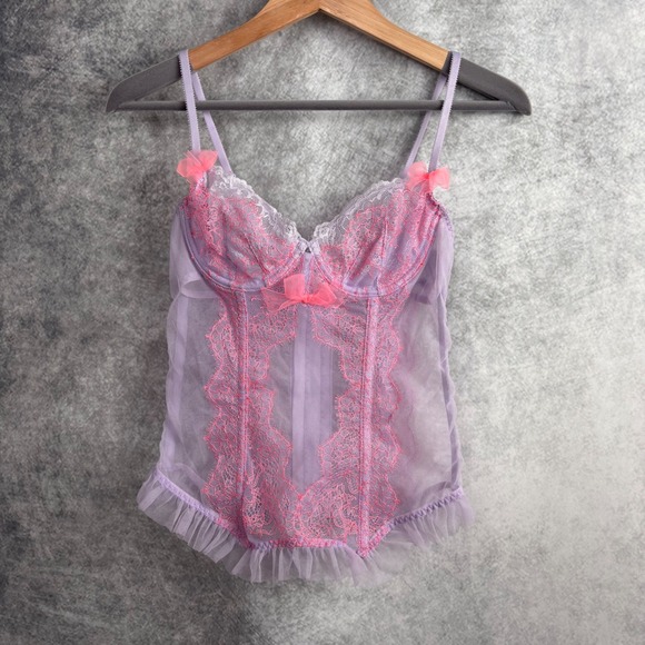 Victoria's Secret Tops - Victoria's Secret Lavender Pink Lace Corset Bustier Bra‎ Top 34A